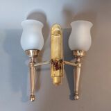 Neoclassical Torch two-arm wall lamp in solid brass, circa 1940