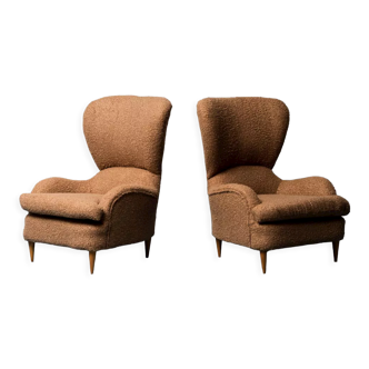 Pair of armchairs in brown bouclé 50s vintage modern