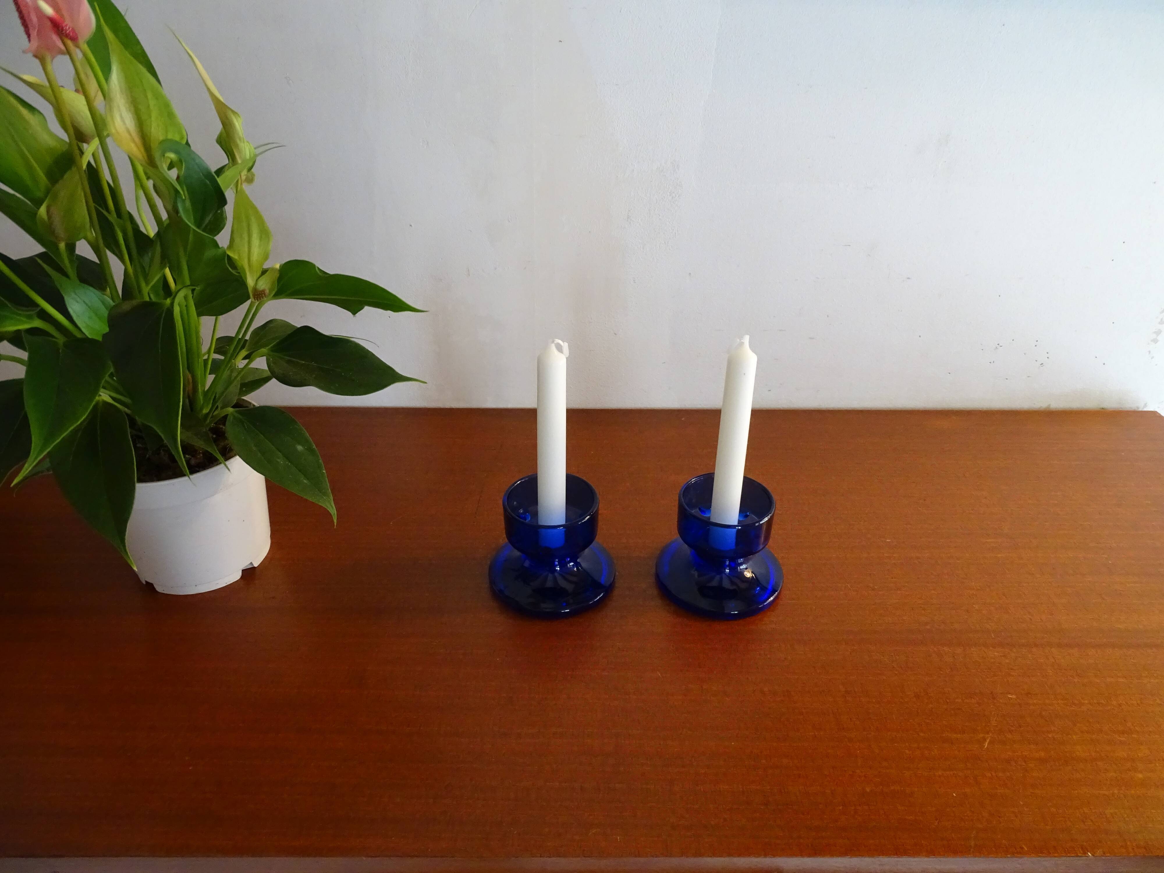 Pair of cobalt blue molded glass candle holders