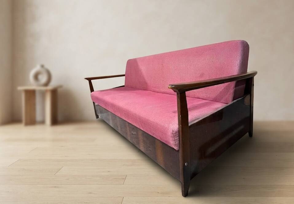 Burgundy folding sofa bed by Edmund Homa, mid-century modern, 1960s, Czechoslovakia, 200 × 88 × 80 cm