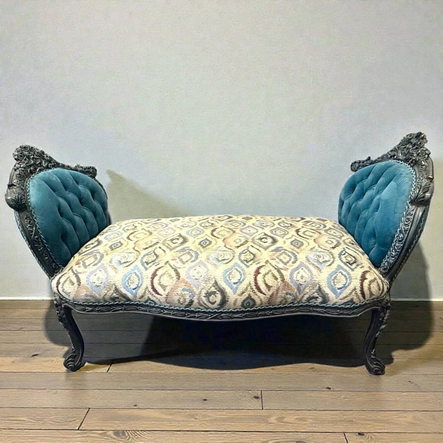 A Louis XV style chaise longue in dark blue and grey carved beech wood
