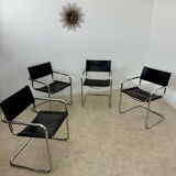 Lot of 4 tubular metal and black leather chairs MG5 Grassi style 70s