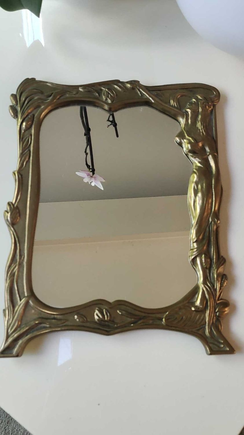 Brass table mirror, art nouveau, lady figurine/foliage, wheat ears