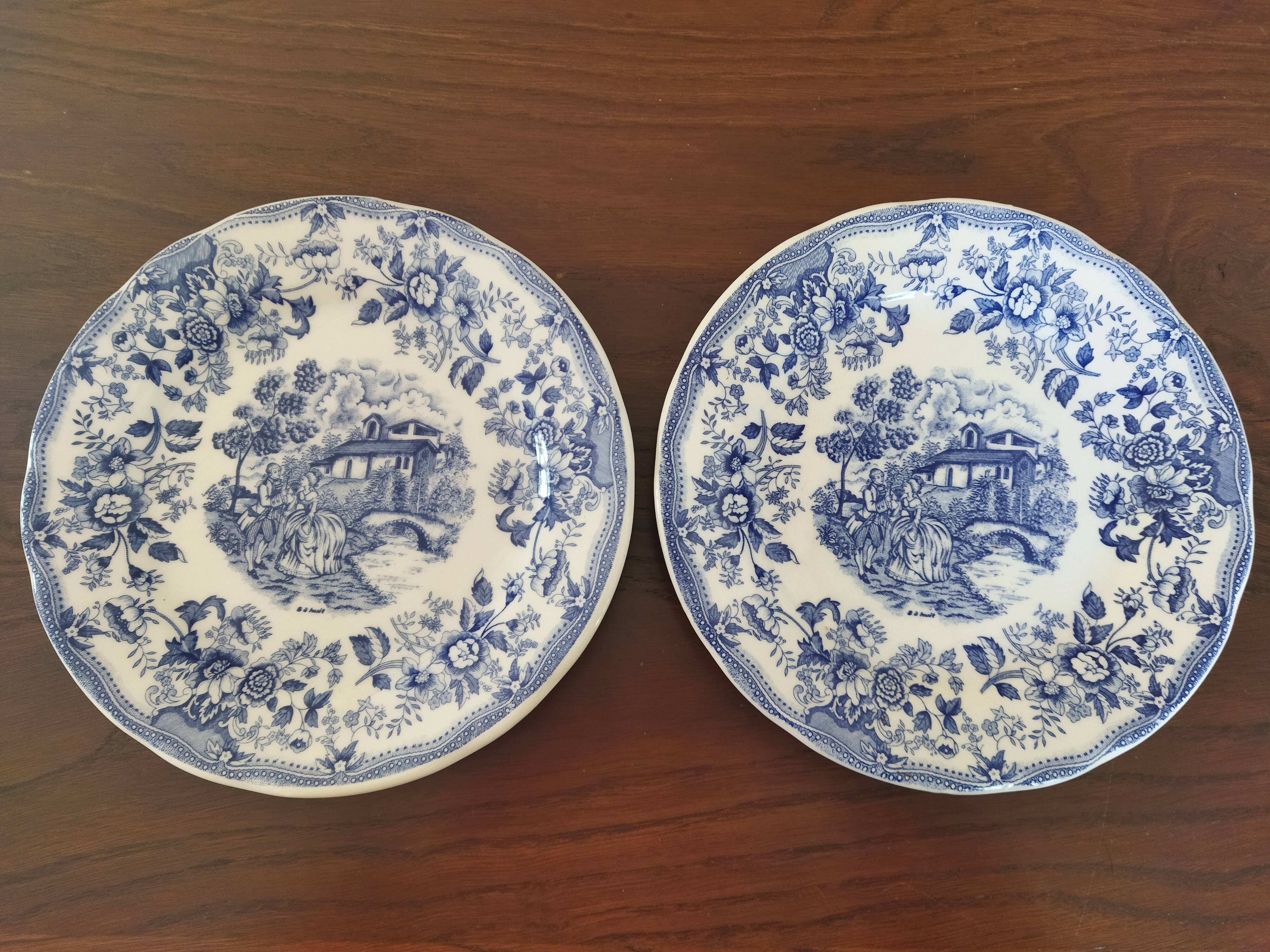 8 assiettes à dessert bleu & blanc Enoch Wood, Churchill & Lunéville