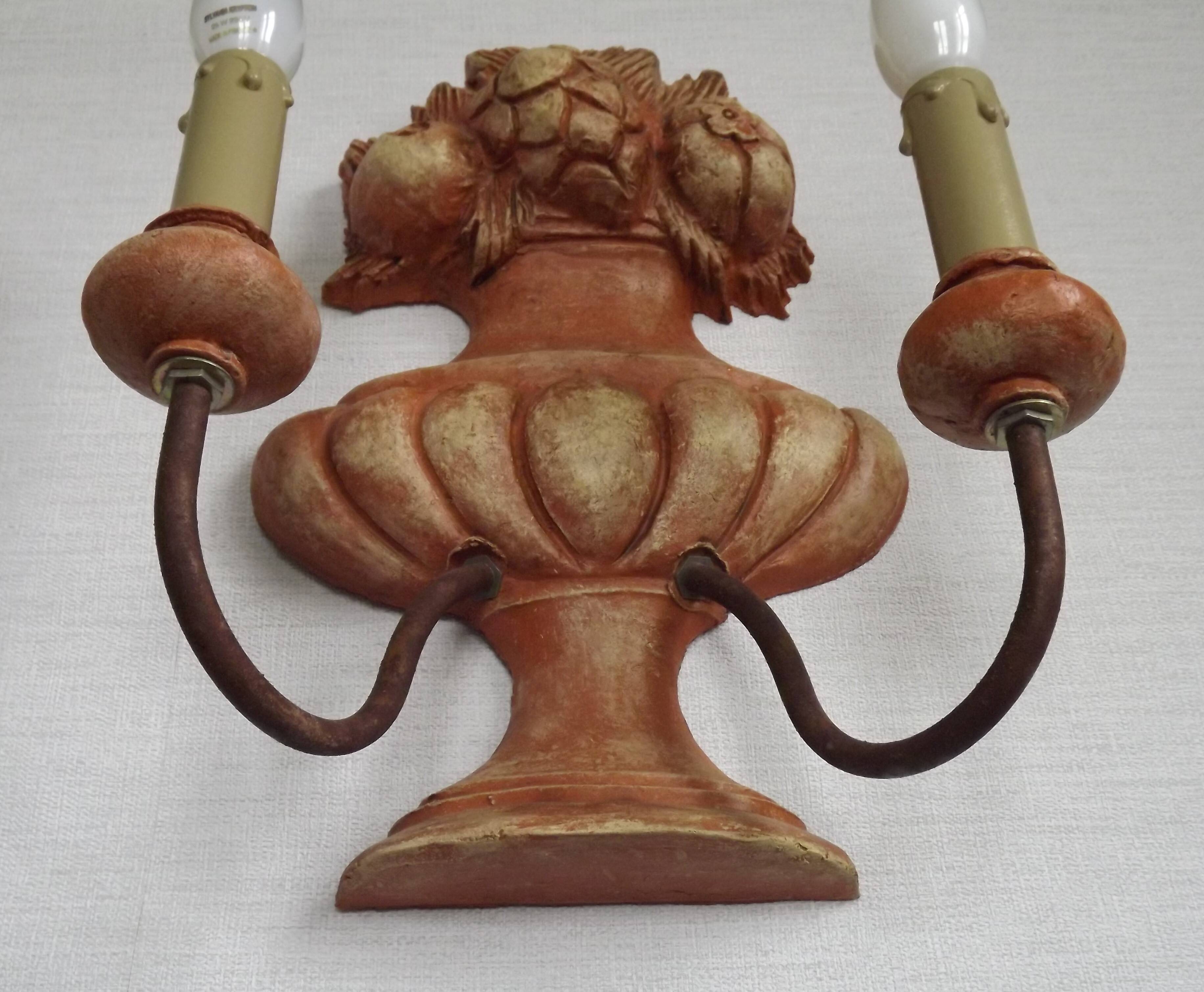 Rare Large Pair of French Terracotta Urn Fruit Basket Double Wall Lights