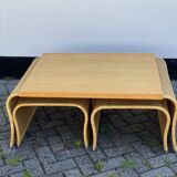 Pine wood and ratan table with 2 ottomans
