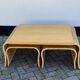 Pine wood and ratan table with 2 ottomans