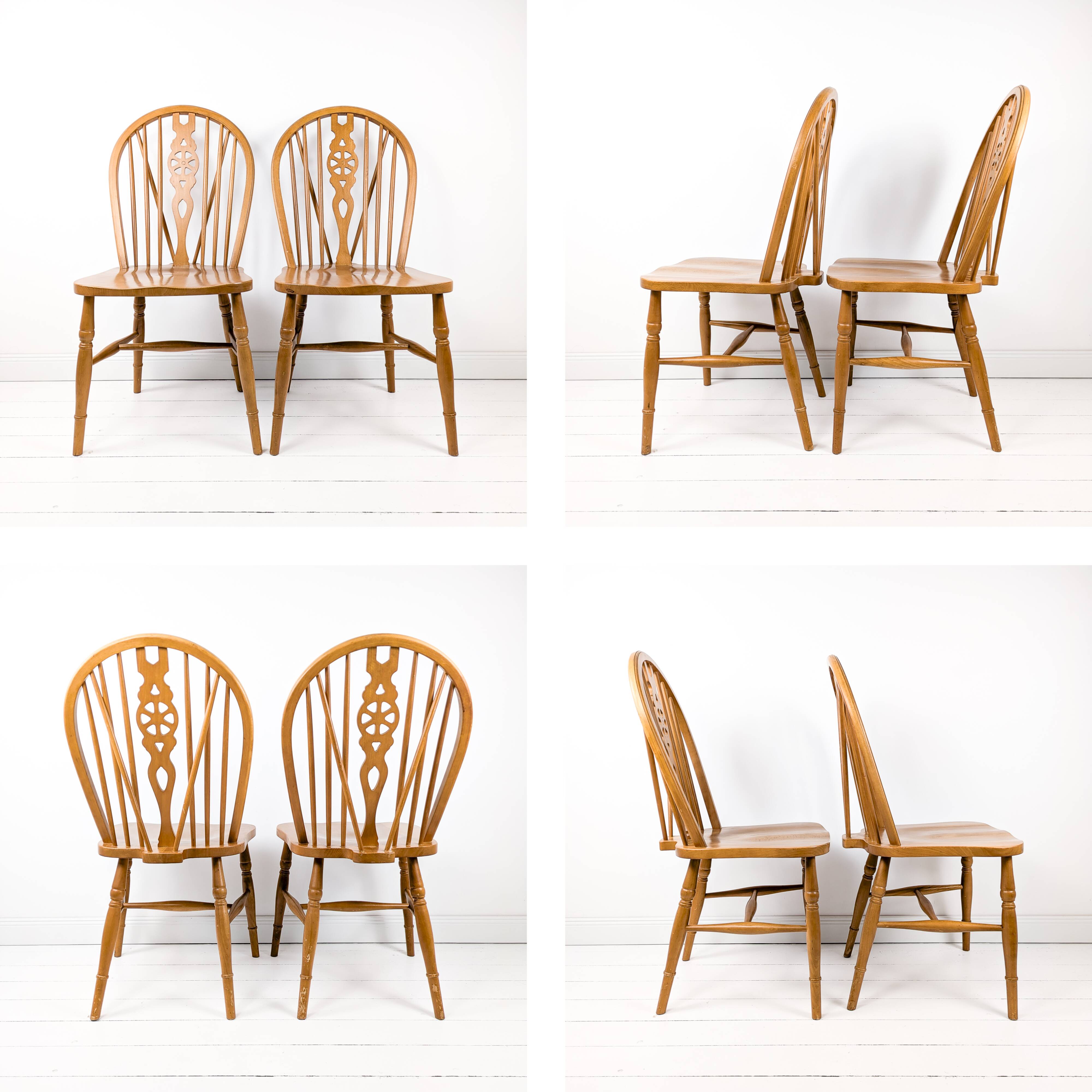 Paire de chaises vintage bois clair, dossier à barreaux, style campagne chic