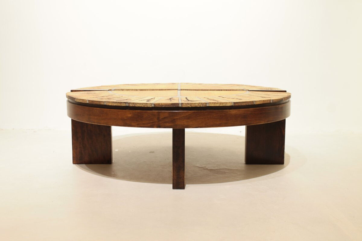 Round coffee table herbarium Roger Capron, Vallauris - ceramic and wooden structure