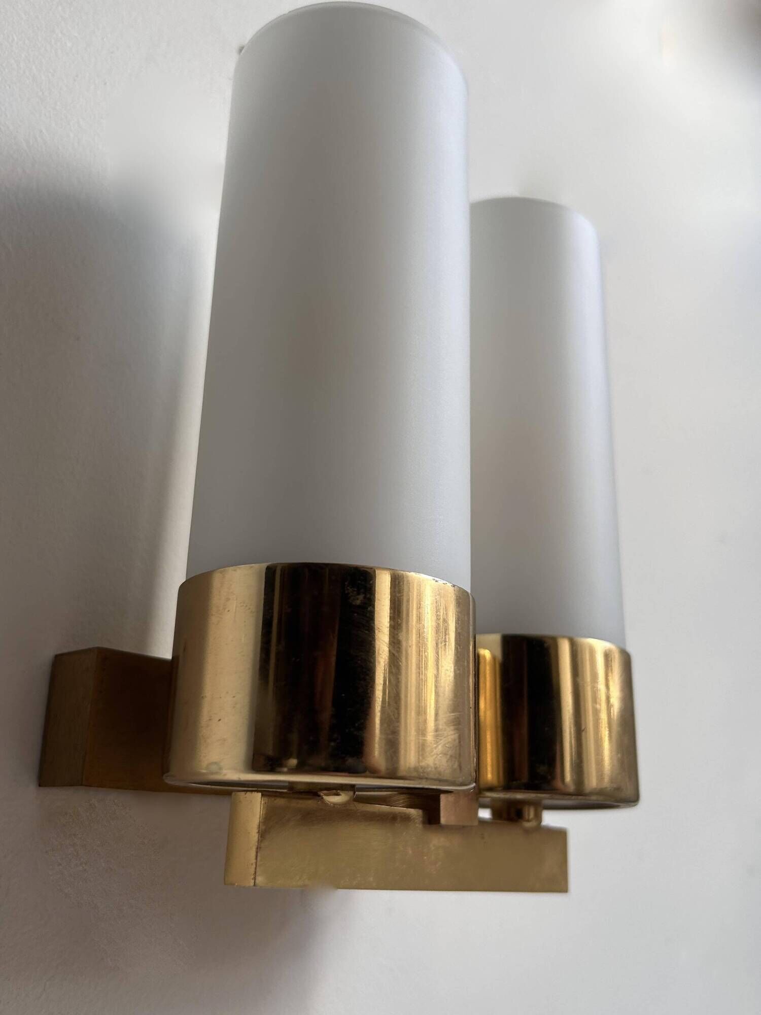 Vintage double wall lamp, brass and opaline, Leuchten Neuhaus Germany 1960