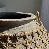 Immense light grey antique-style pot with a crosshatch lid and handles.