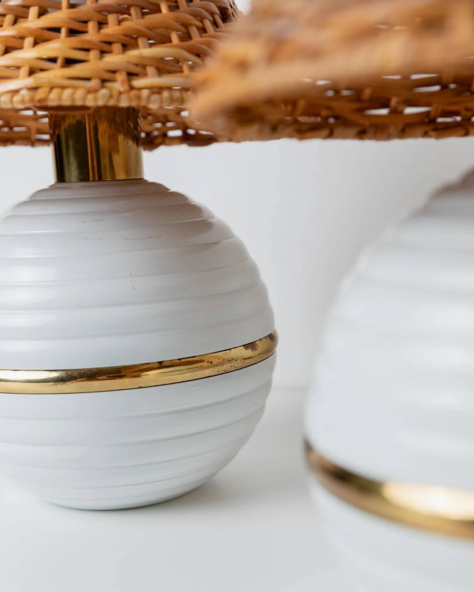 Pair of vintage table lamps – white metal with rattan shades, gold details, Italy 1980s
