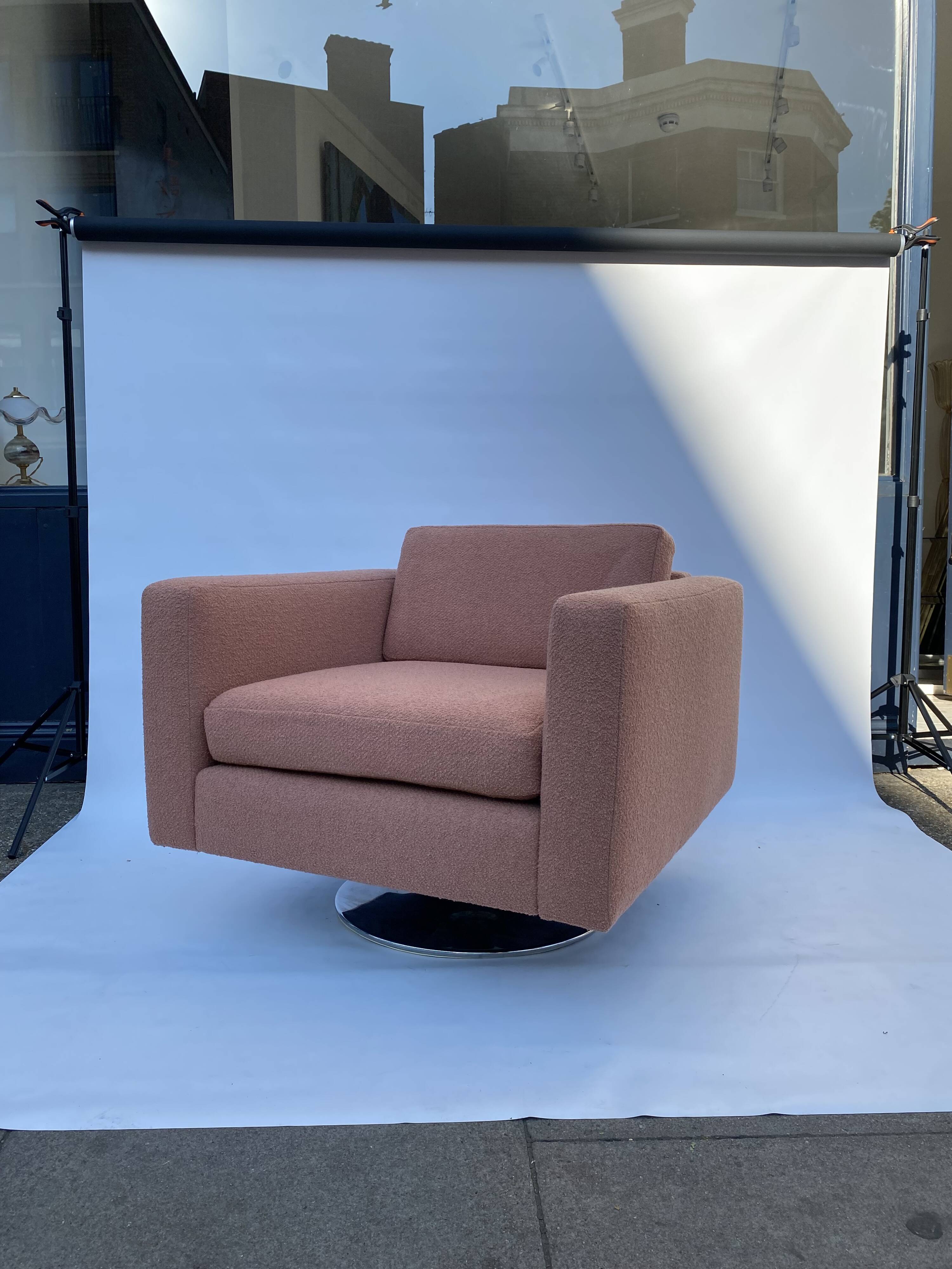 1970s Swivel Cube Armchair Chrome Peach Boucle Vintage Midcentury