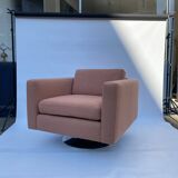 1970s Swivel Cube Armchair Chrome Peach Boucle Vintage Midcentury