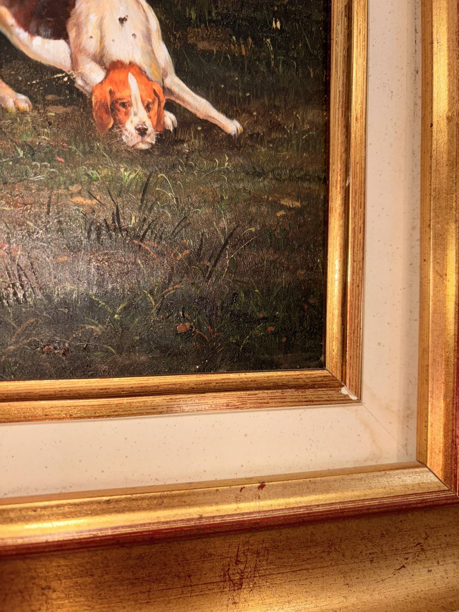 Oil Painting on Wood Panel with Golden Frame, English Hunting Dog
