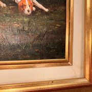 Oil Painting on Wood Panel with Golden Frame, English Hunting Dog
