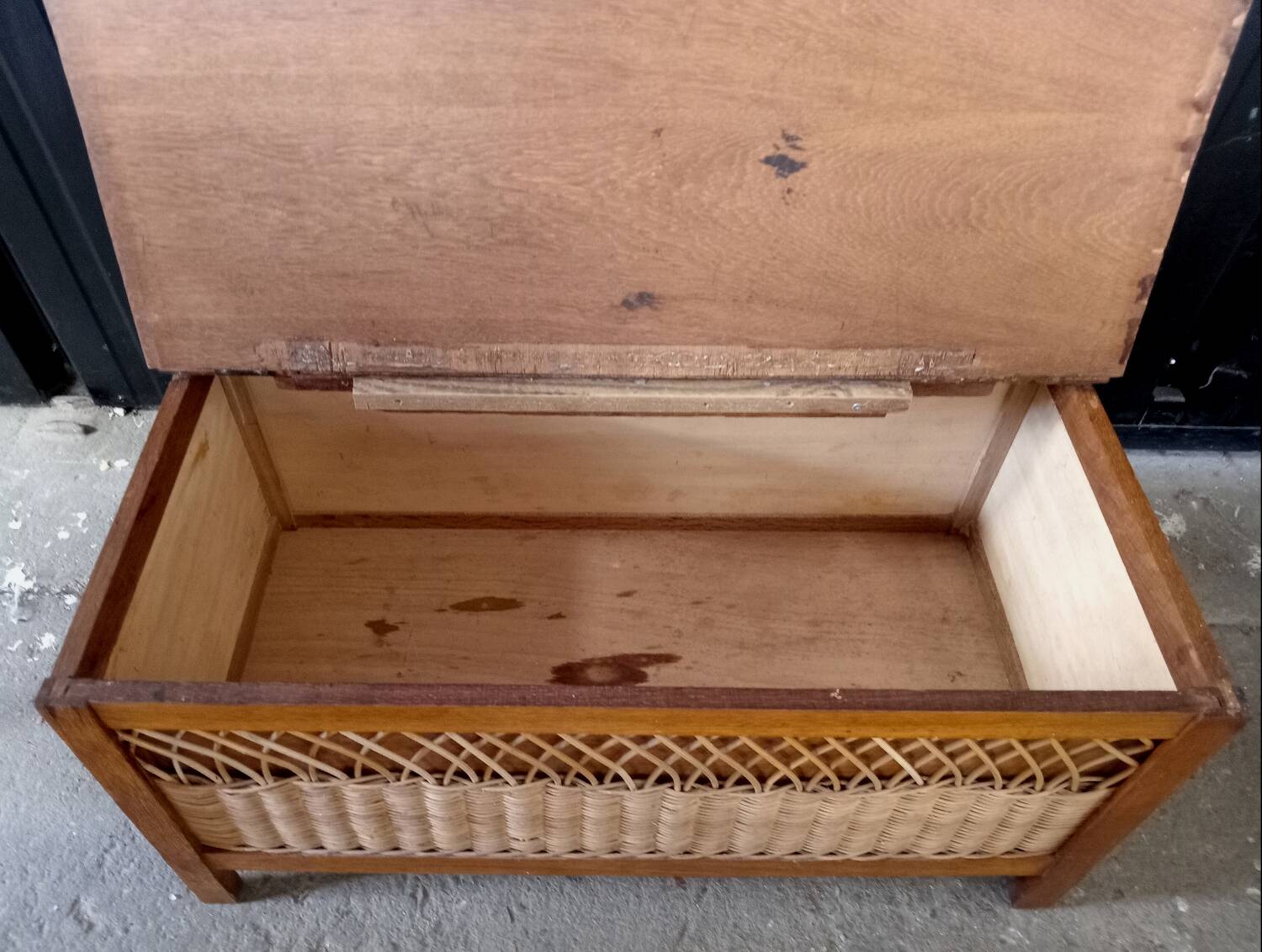 Vintage wood and rattan toy chest bench