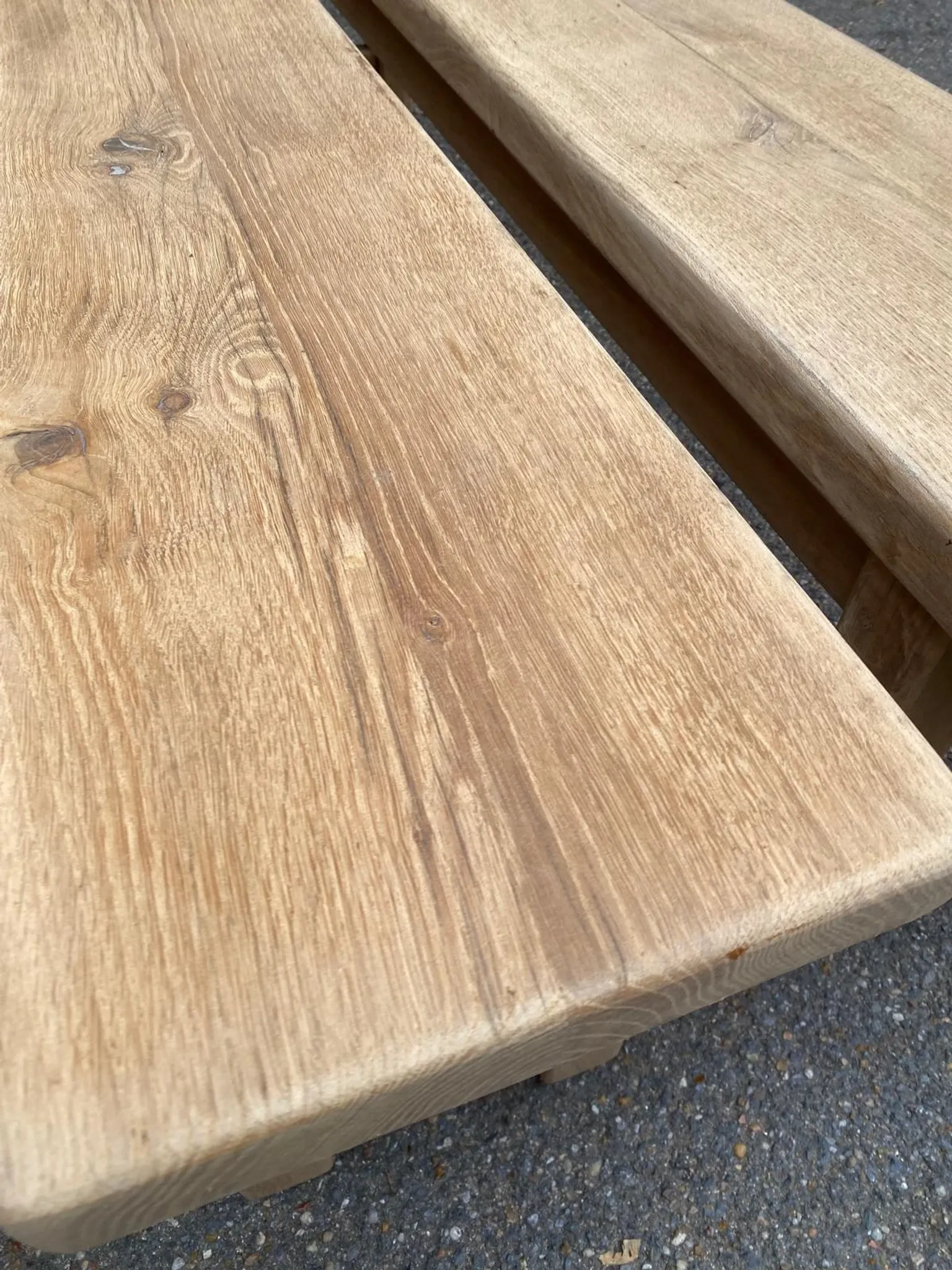 2 stripped farmhouse benches in solid oak, 1970, 175cm.