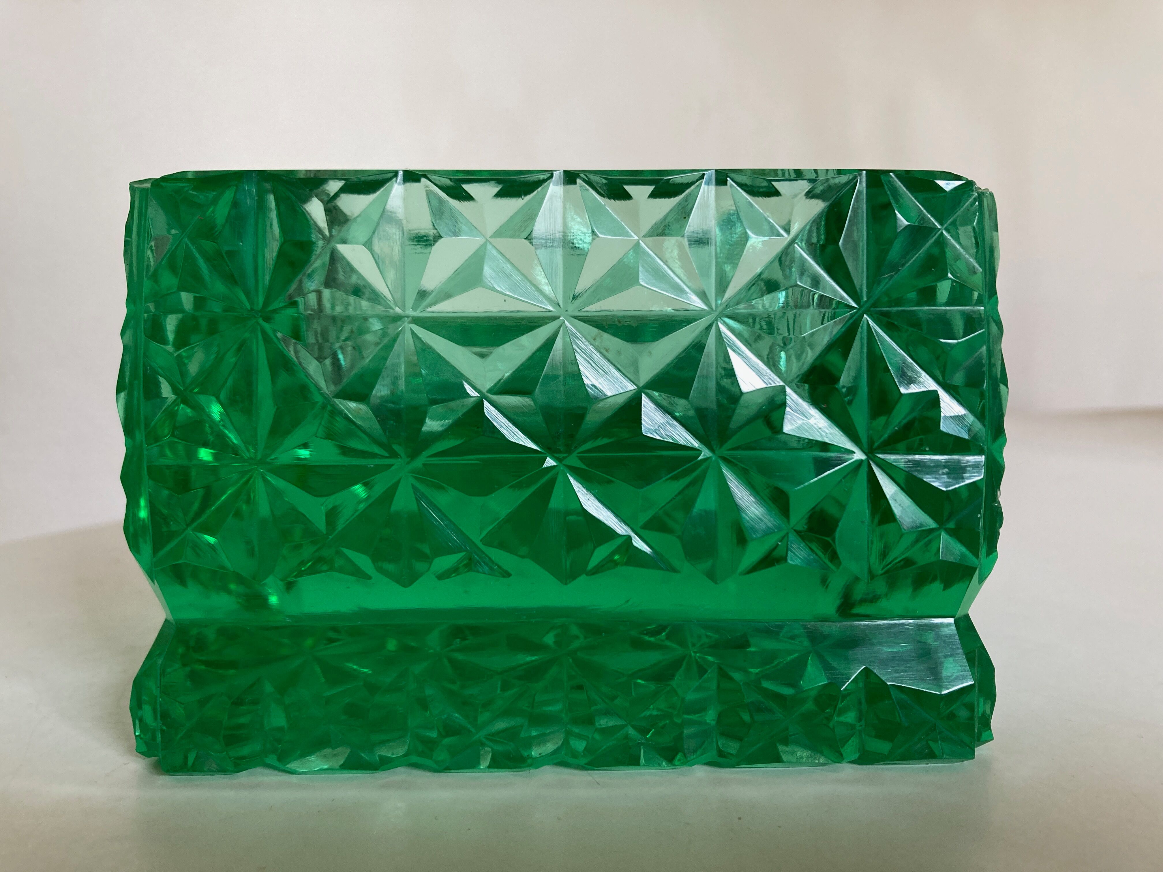 Green diamond cut glass ashtray 1980