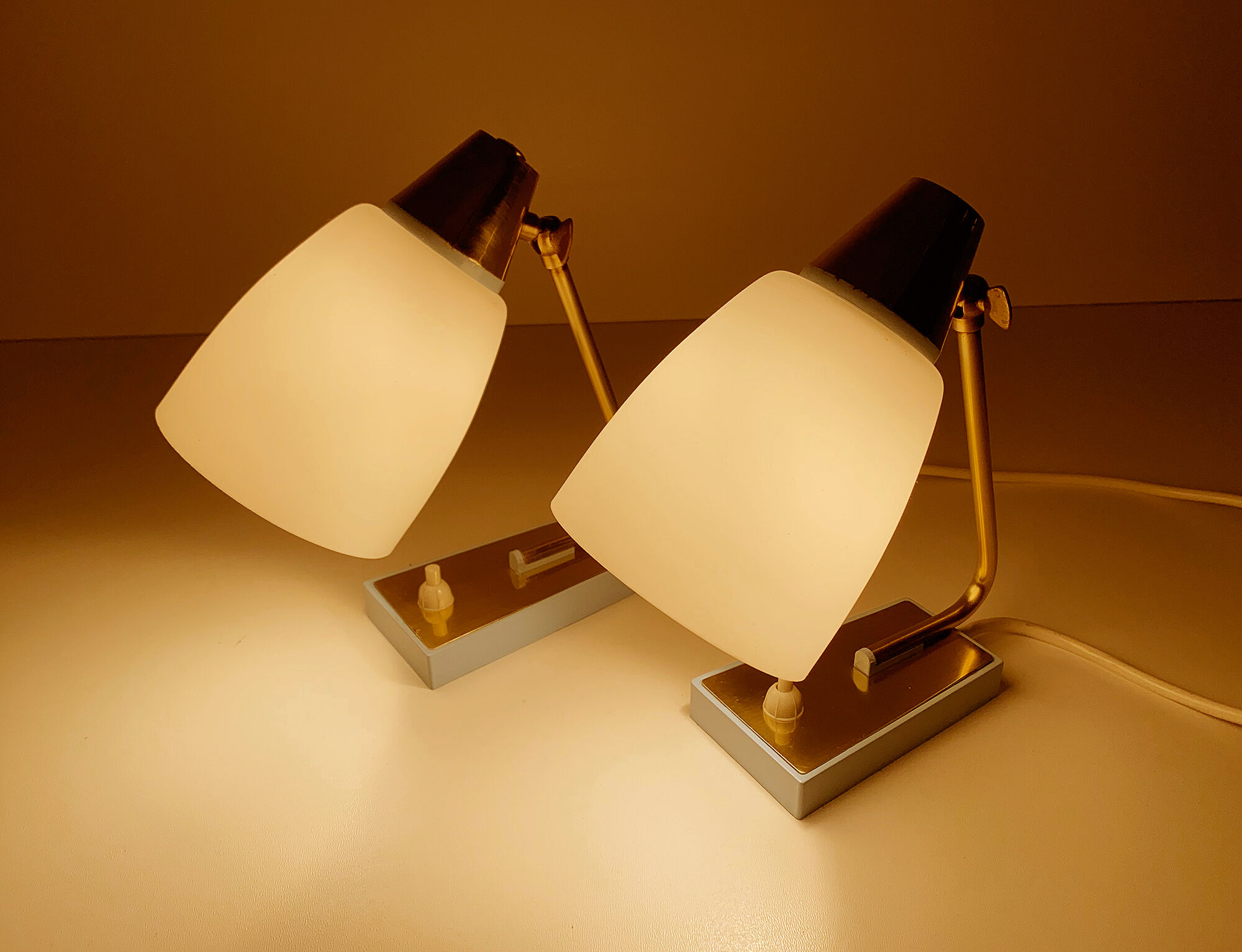 Pair of vintage table or bedside lamps, brass and glass, 50s 60s