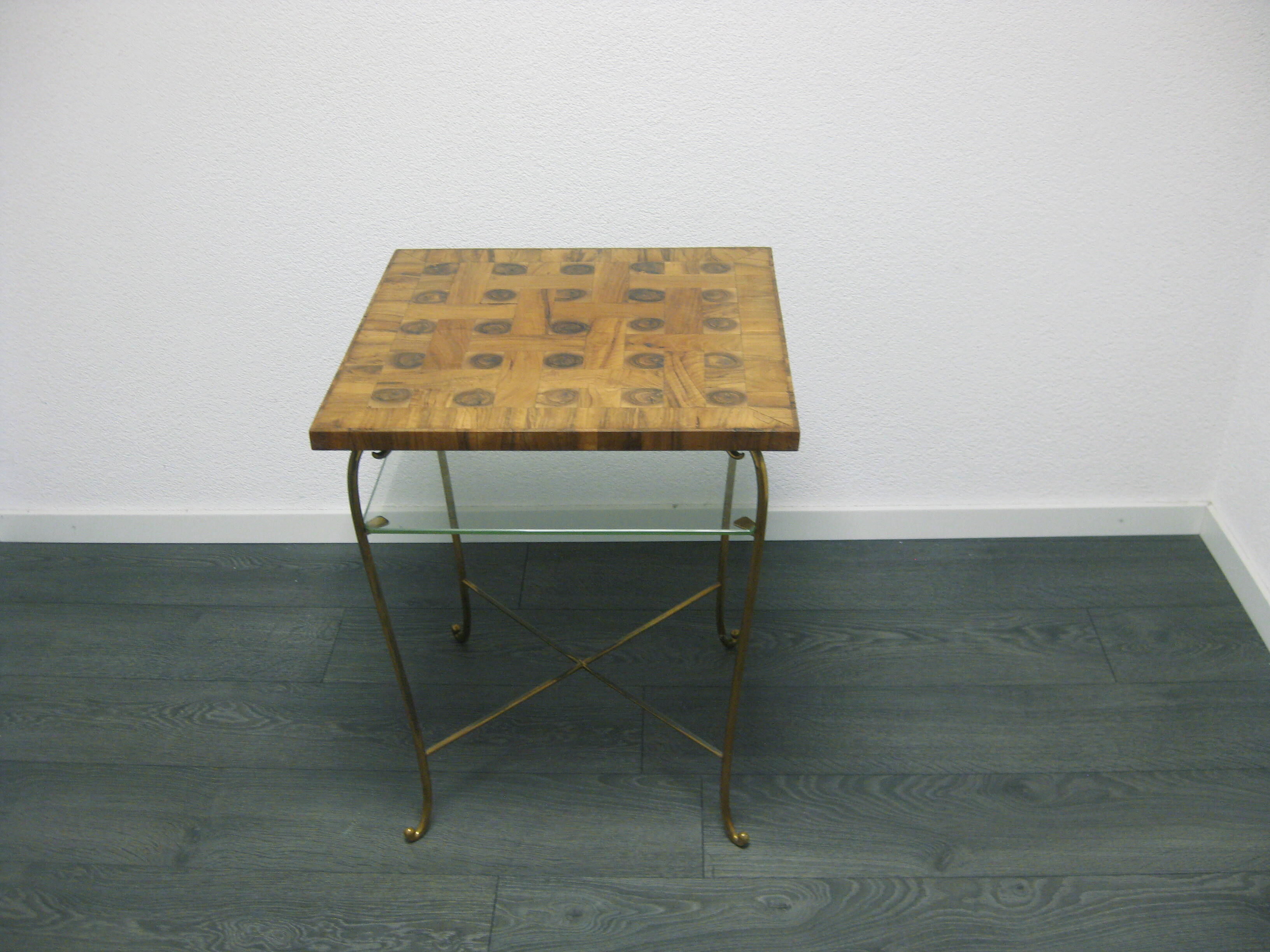 1950s table with wooden top and floor under glass, height 65cm - 50x50cm