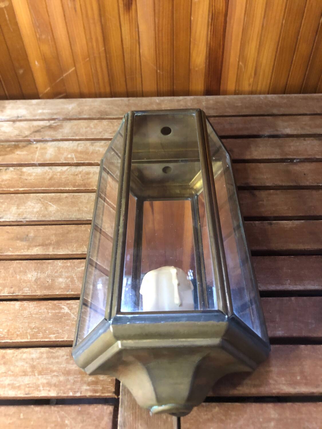 Old Brass Lantern Wall Lamp with Mirrored Background + Vintage Glass Plates