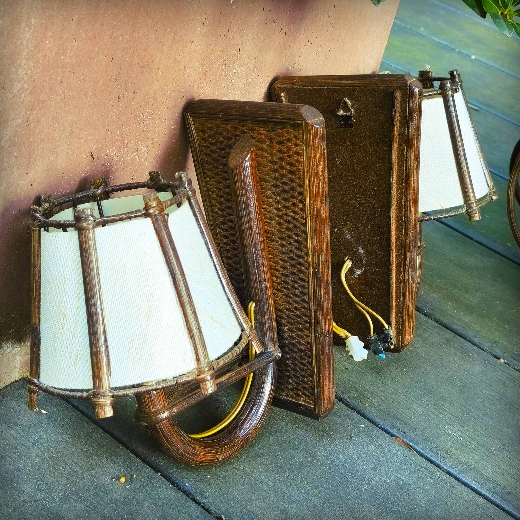 Suspension light and its 2 rattan wall lights by Louis Sognot, 1950s