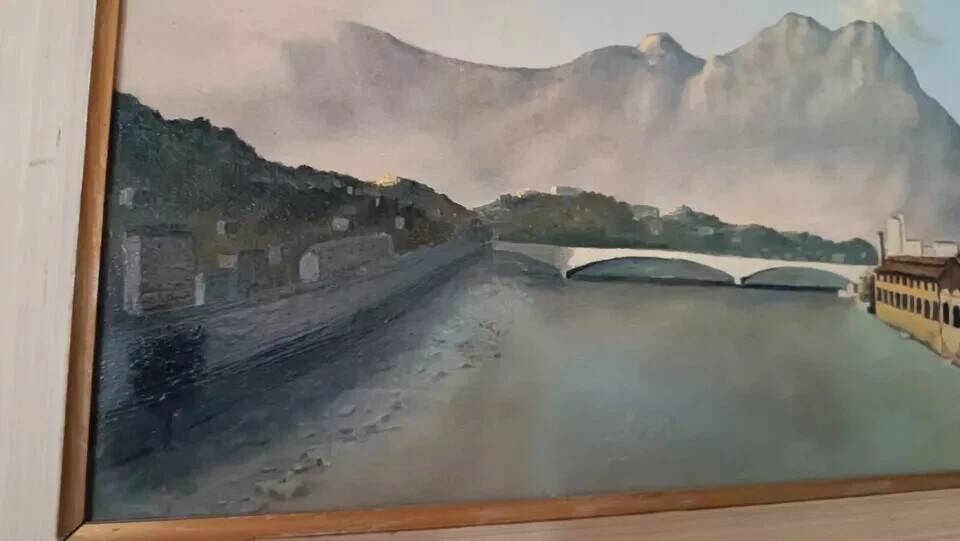 Oil painting on canvas board, 1950s, signed NAVA, lake, river.
