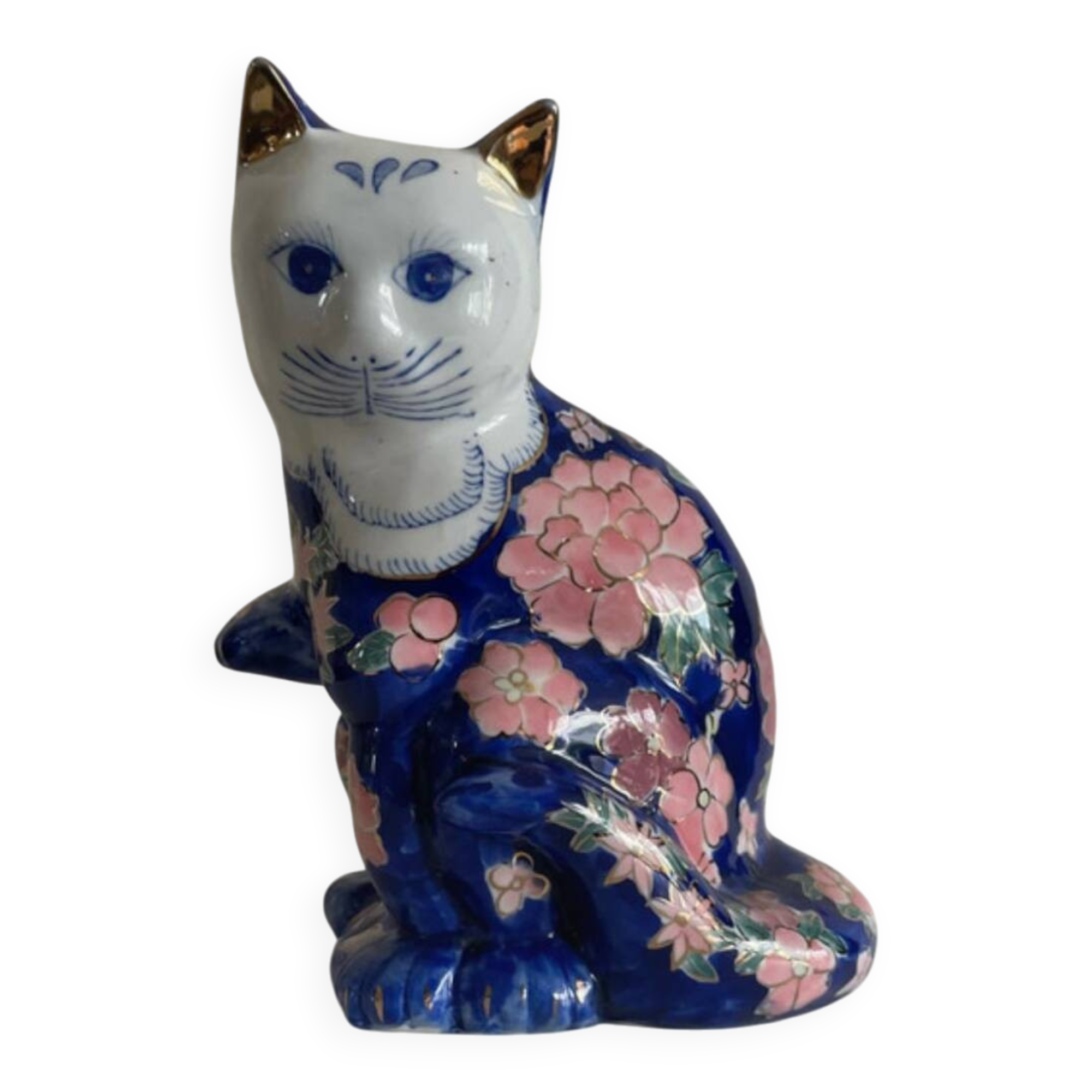 Large Vintage Chinese Blue and Pink Floral Ceramic Cat