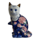 Large Vintage Chinese Blue and Pink Floral Ceramic Cat