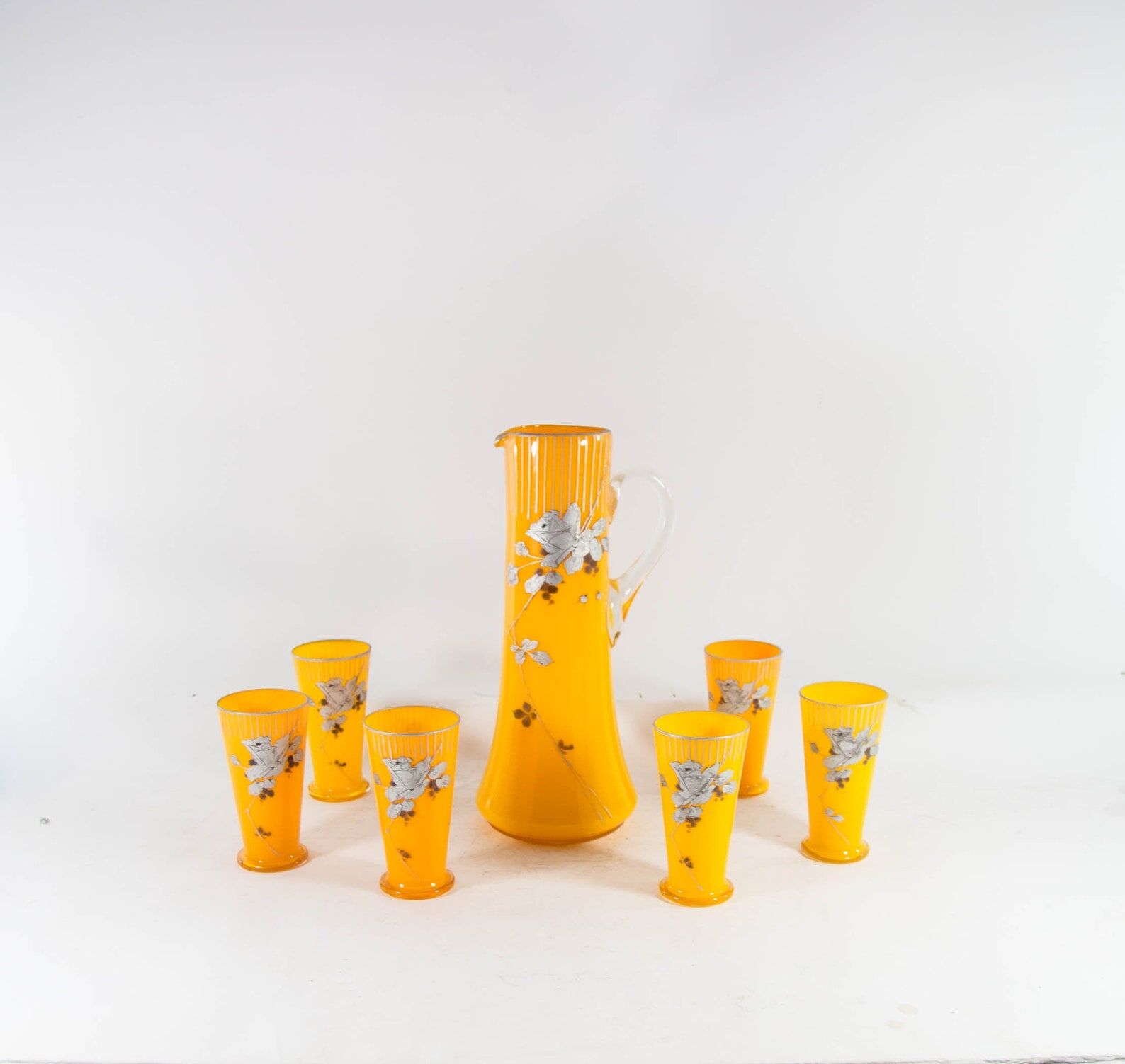 Art Nouveau lemonade service pitcher and 6 hand-painted glasses in bohemian glass early 20th century