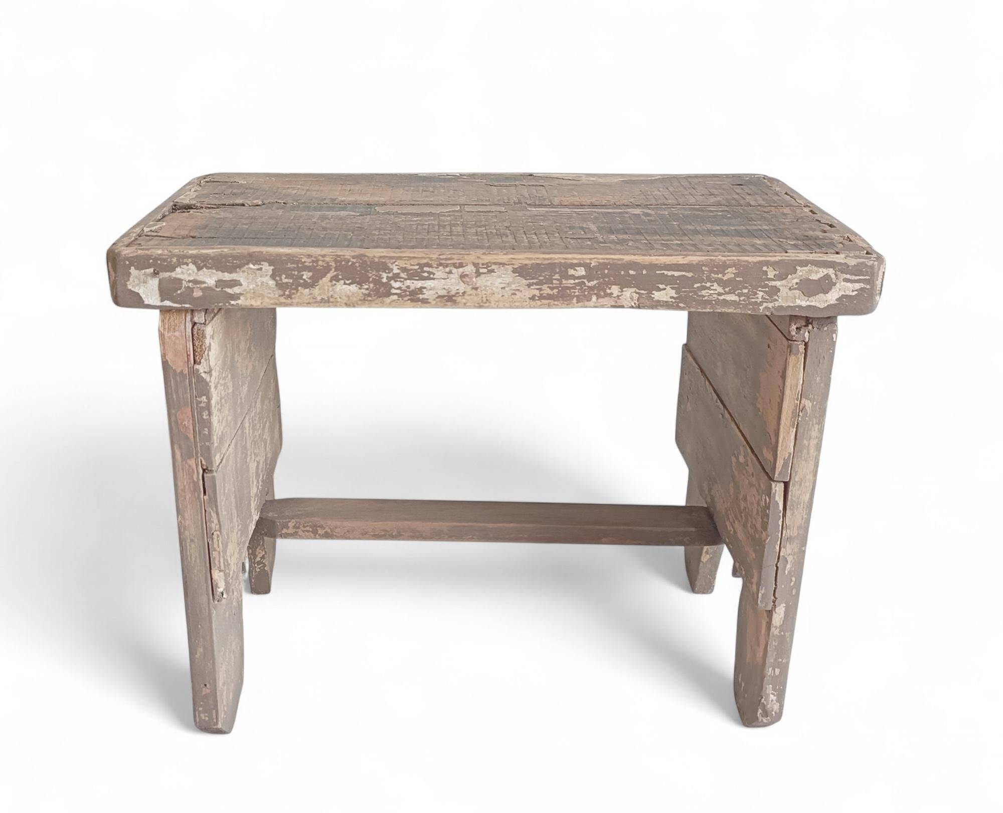 Rustic Weathered Wood Farm Stool/ Accent Table, Spain,  Early 20th-C