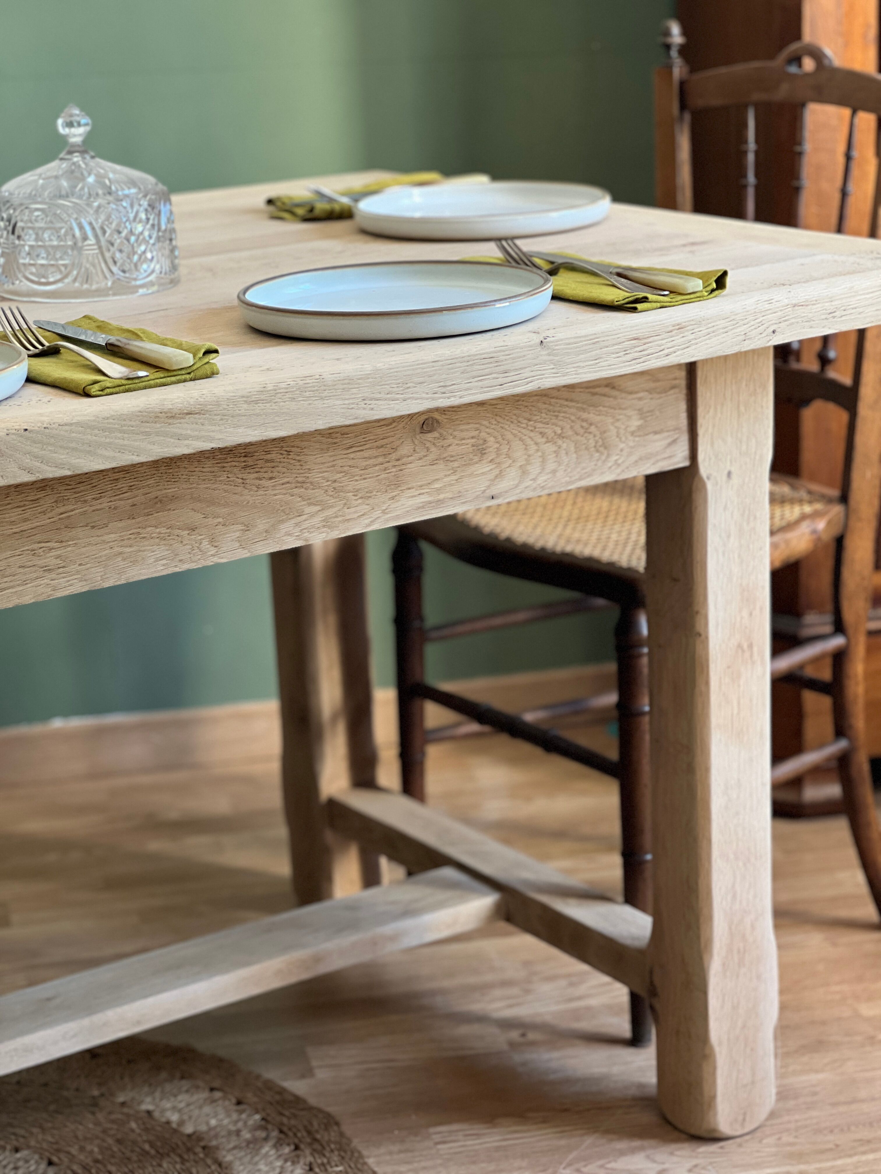 Farm table made of solid light oak wood.