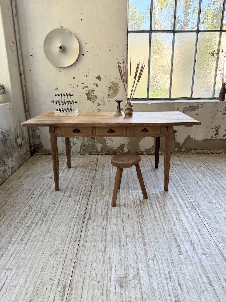 1950s pine and oak farmhouse table with multiple drawers