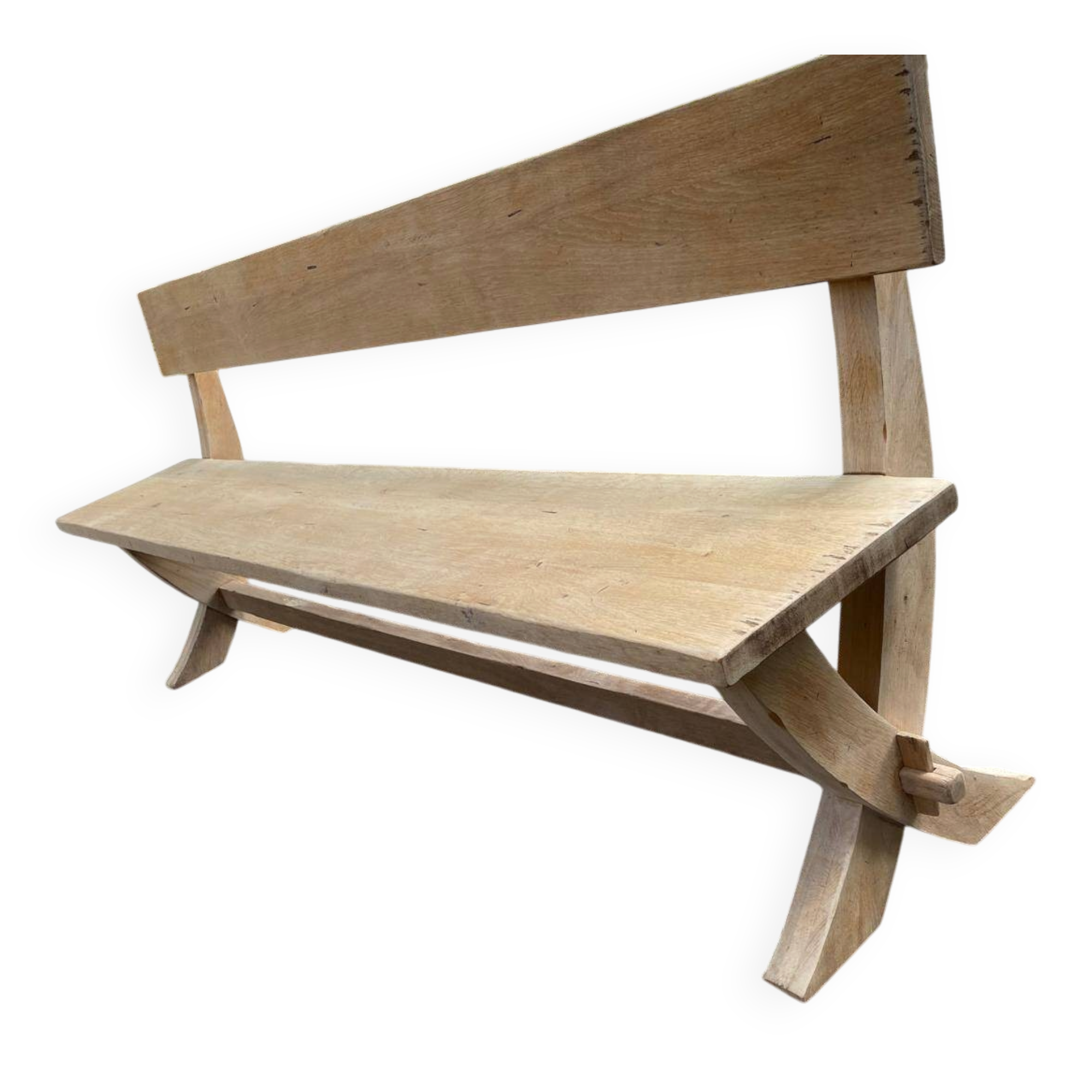 Monastery bench with a 220 cm backrest, renovated in raw solid oak with X legs.