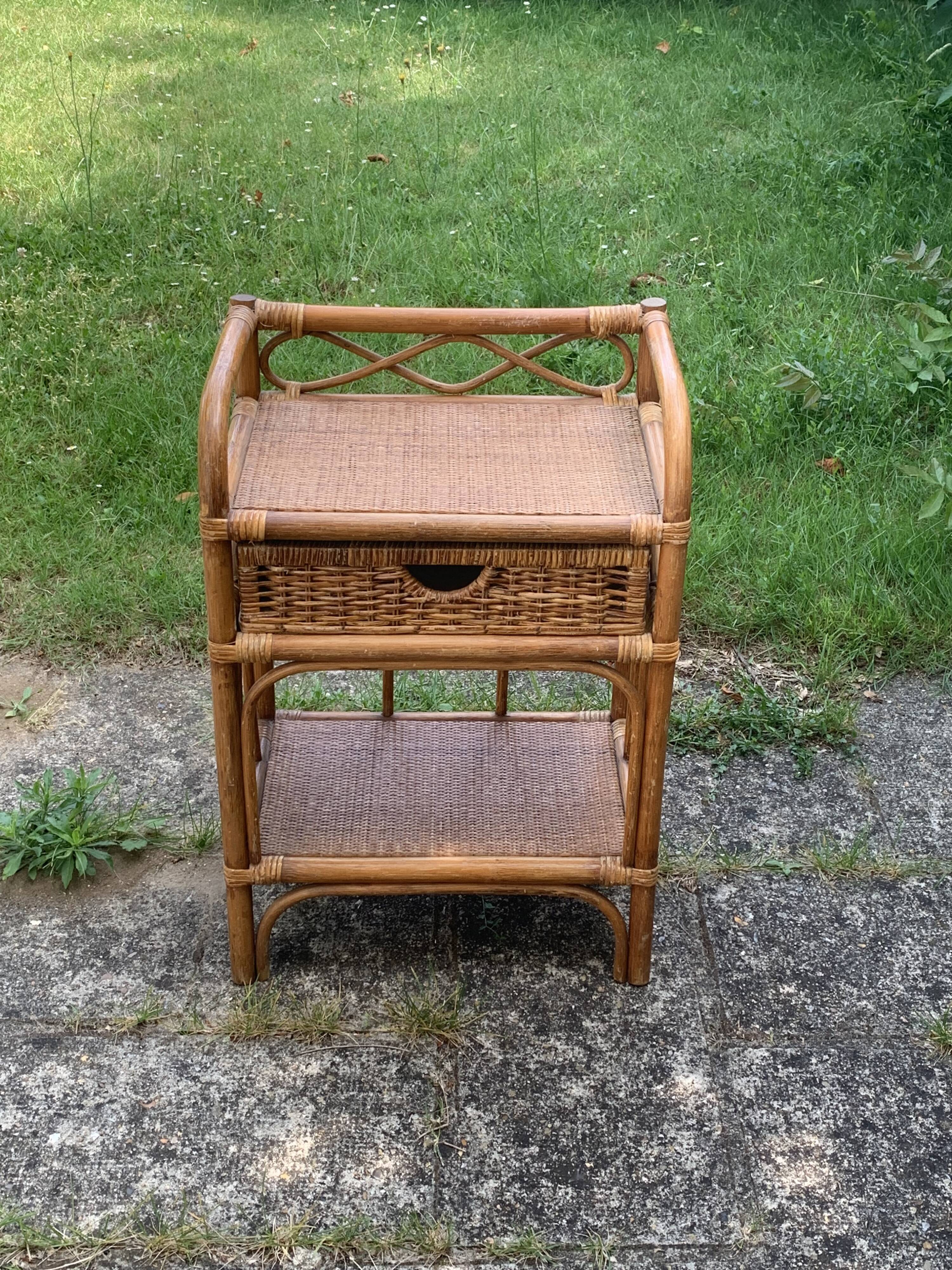 Shelf, side table, bedside table in vintage bamboo and rattan