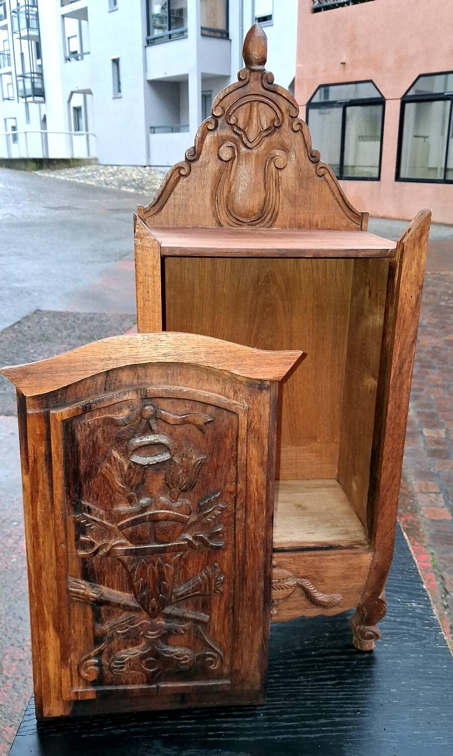 Small bar cabinet, carved wood, Alpine folk art