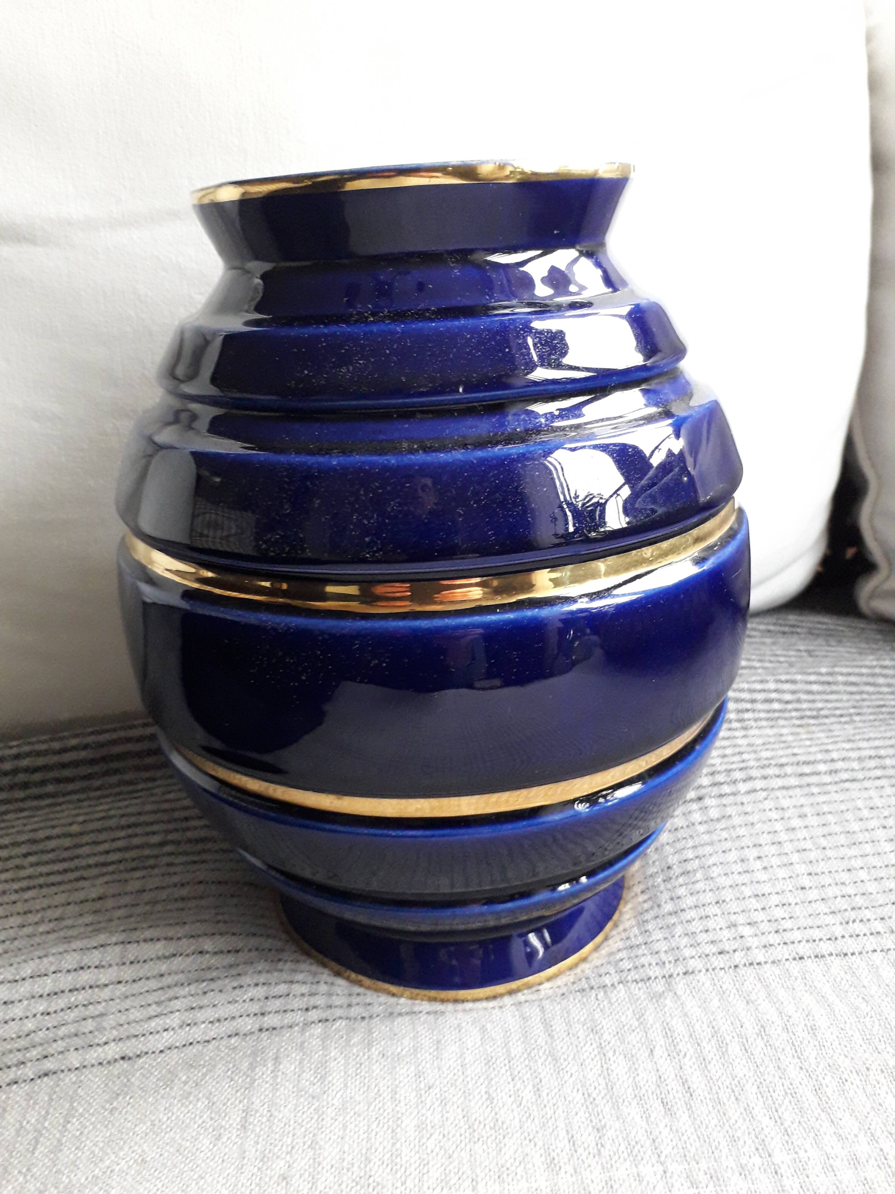 Large vintage blue and gold ceramic vase