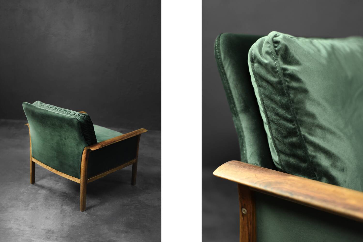 Vintage Mid-Century Modern Rosewood & Green Velour 3-Seater Sofa and Chair