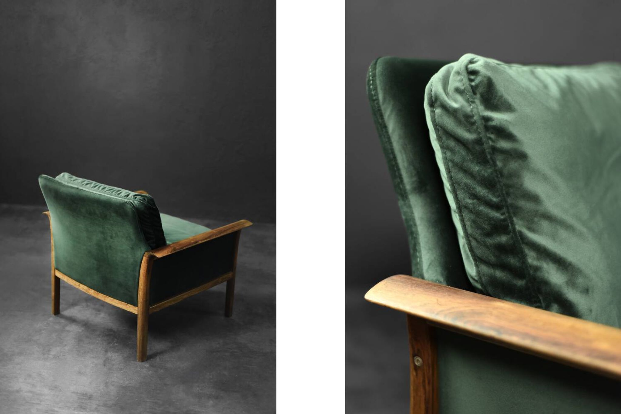 Vintage Mid-Century Modern Rosewood & Green Velour 3-Seater Sofa and Chair