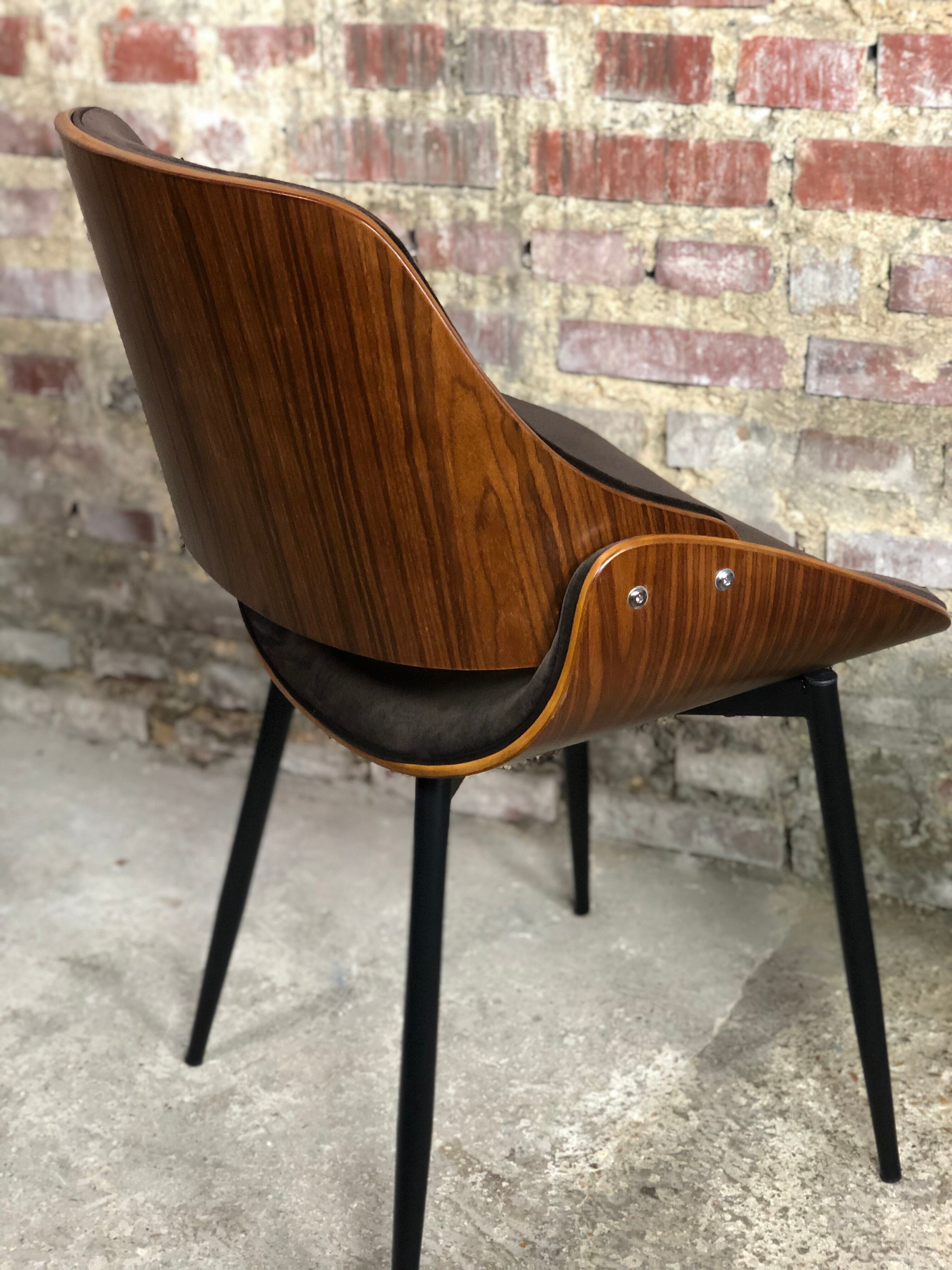 Scandinavian style chairs in curved plywood covered with brown fabric
