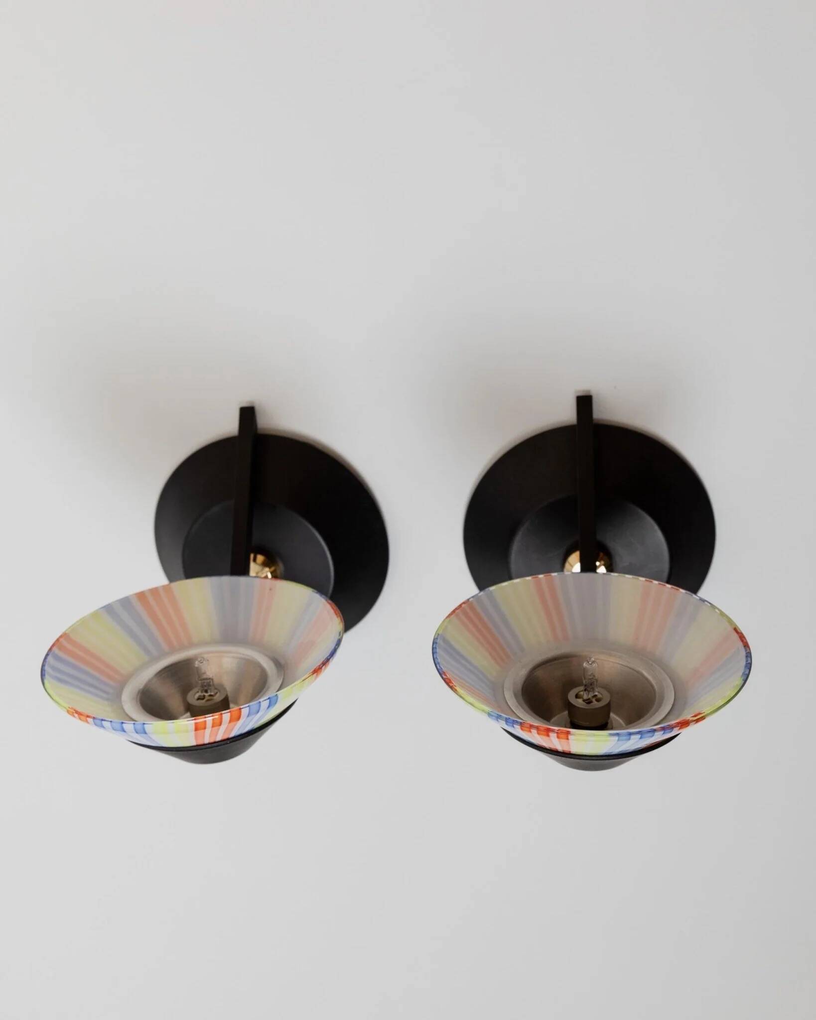 Set of 2 Vintage Murano Glass Wall Lamps with Multicolor Striped Shades and Matte Black Holders