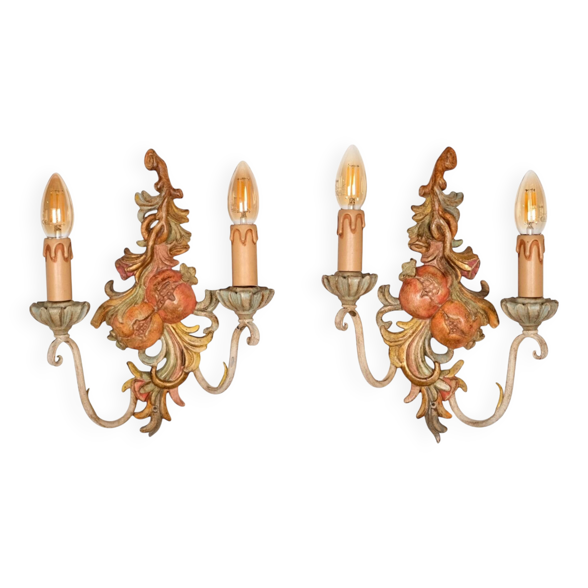 Pair of carved wood and metal sconces, Chelini FIrenze, Italy