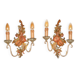 Paire d'appliques en bois sculpté et métal, Chelini FIrenze, Italie