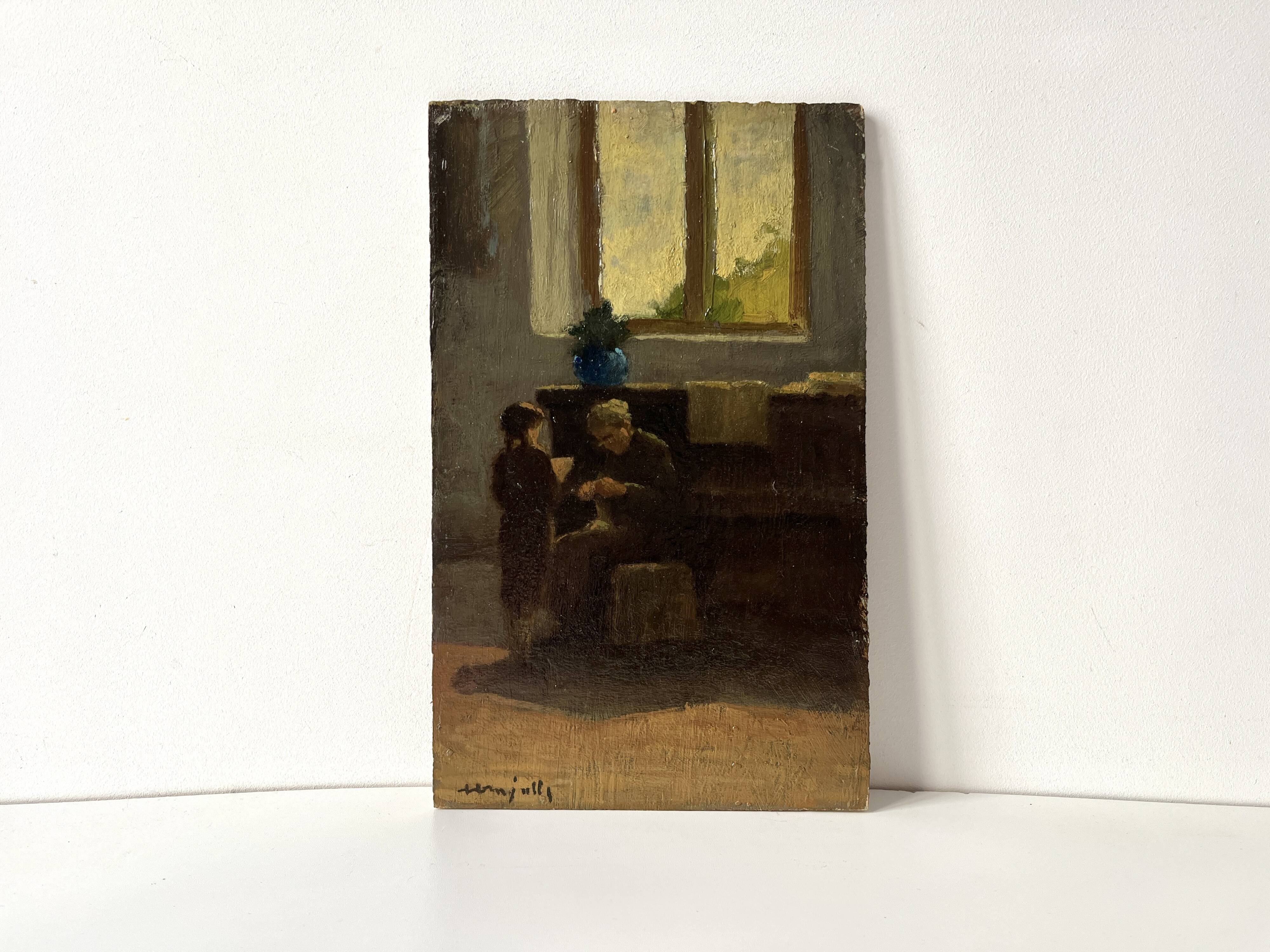 Huile sur panneau d'une scène d'intérieur 1920, tableau scène de genre
