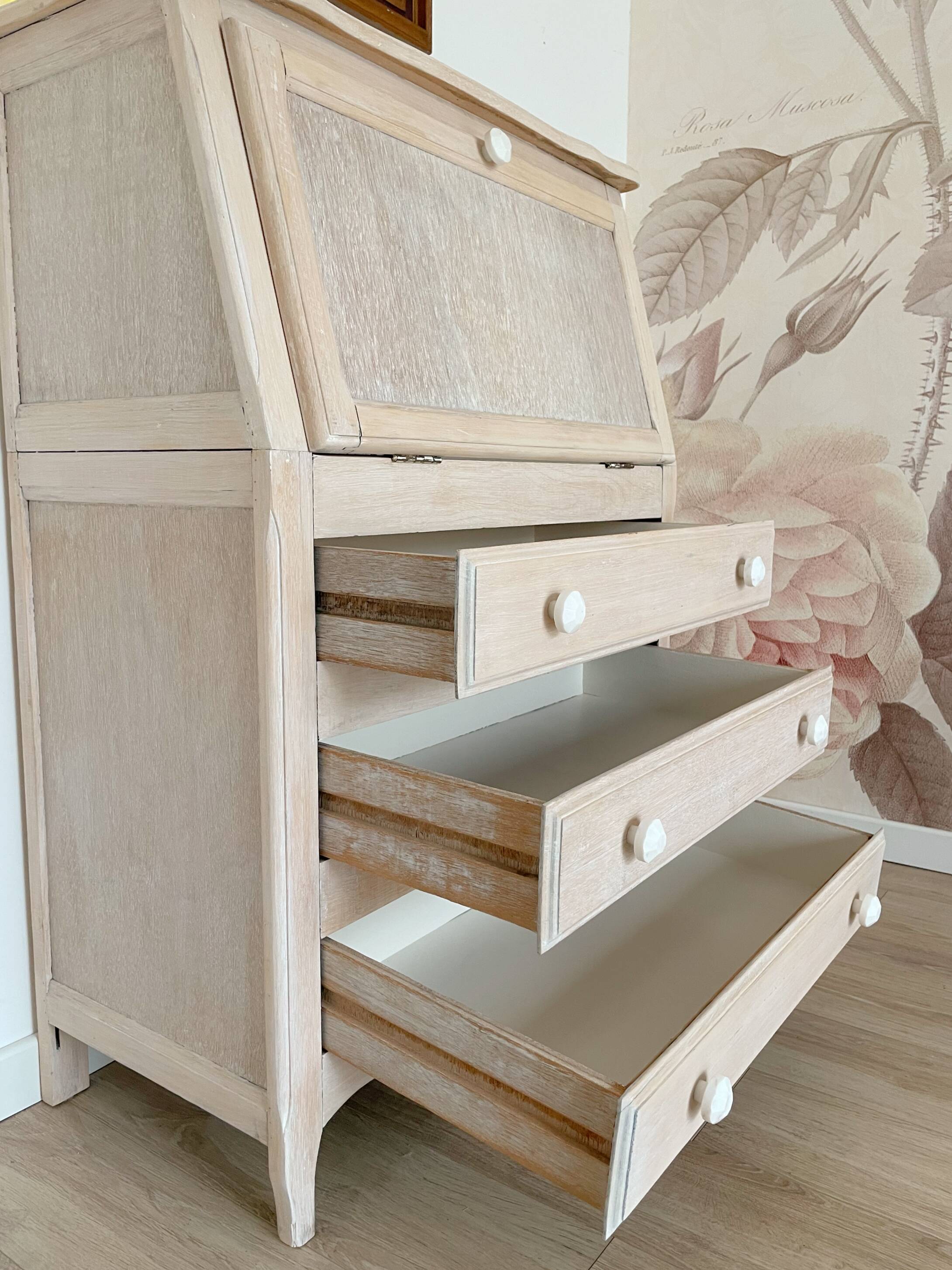 Antique donkey back secretary, white patina with a ceruse effect