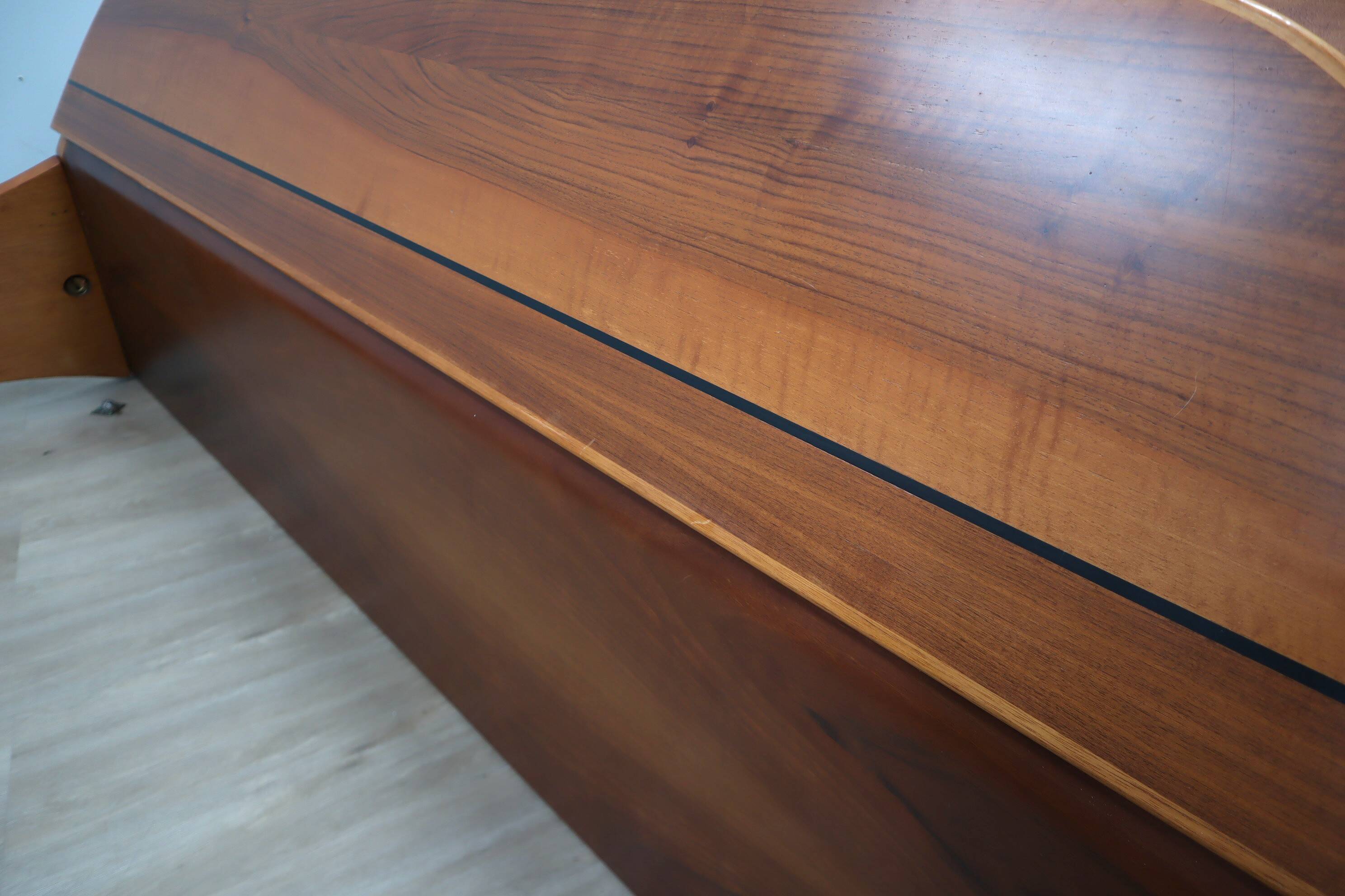 Italian 1970s Curved Walnut Bed Frame with Storage Headboard