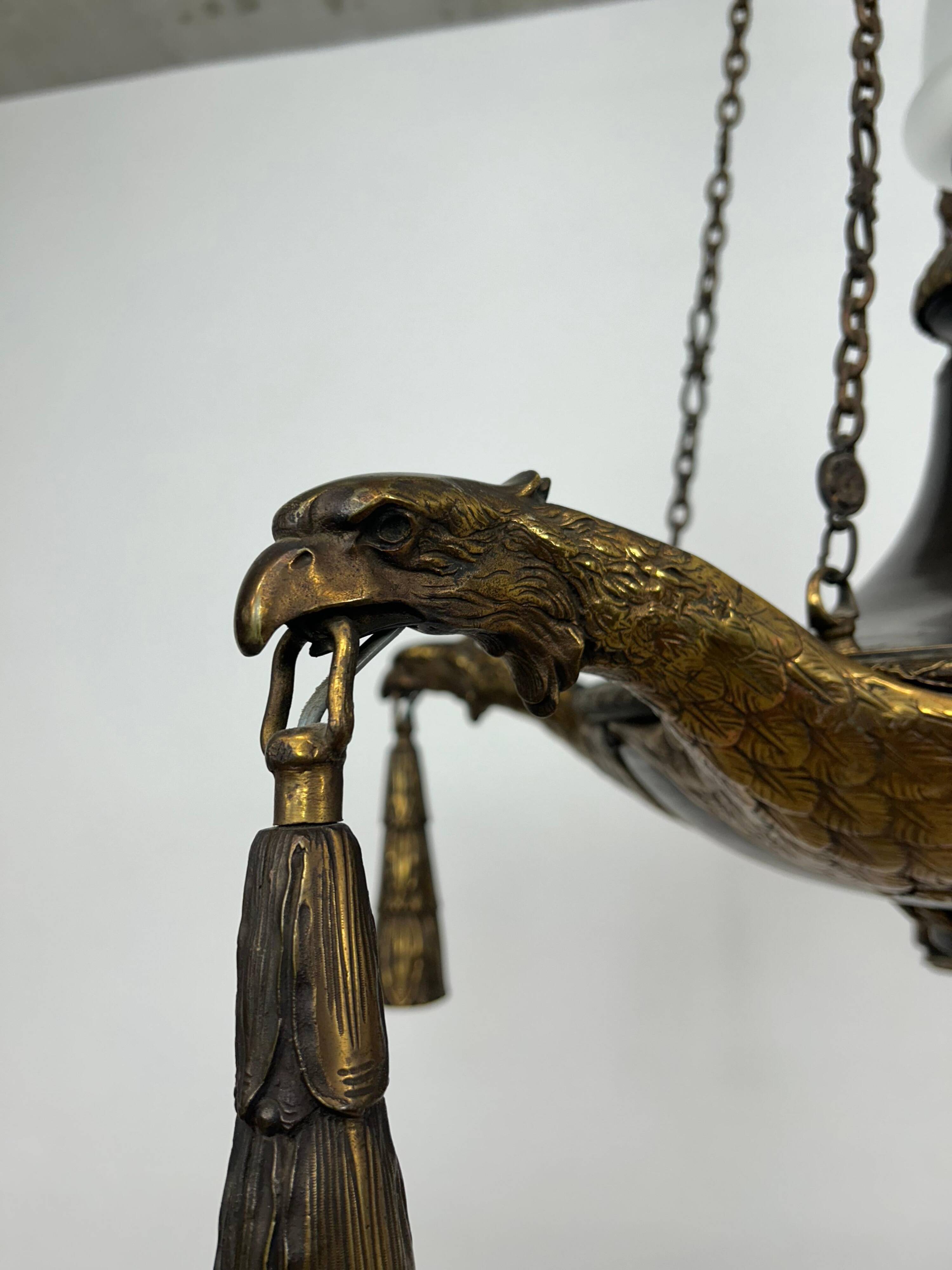 Extraordinary Art Deco chandelier with bronze eagles.