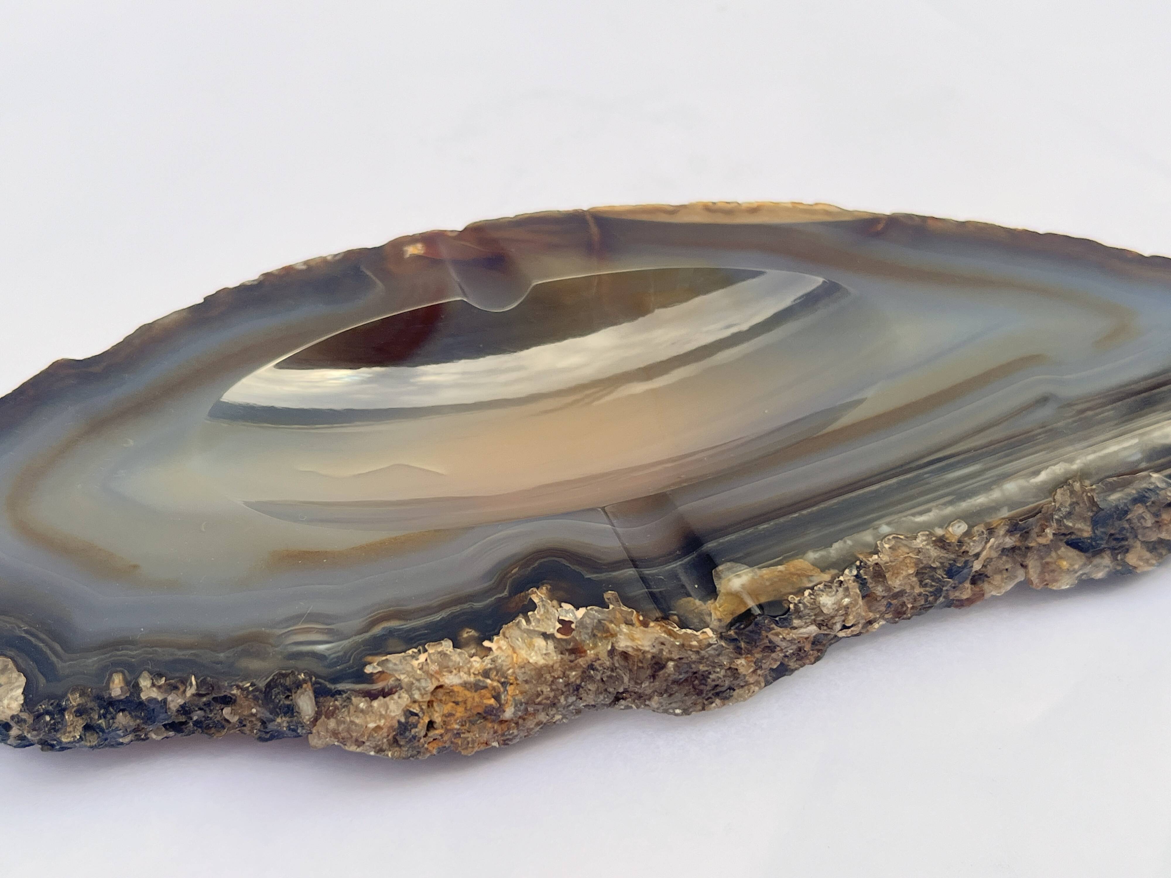 Vintage blue-grey agate slice tray and agate ashtray from the 1960s