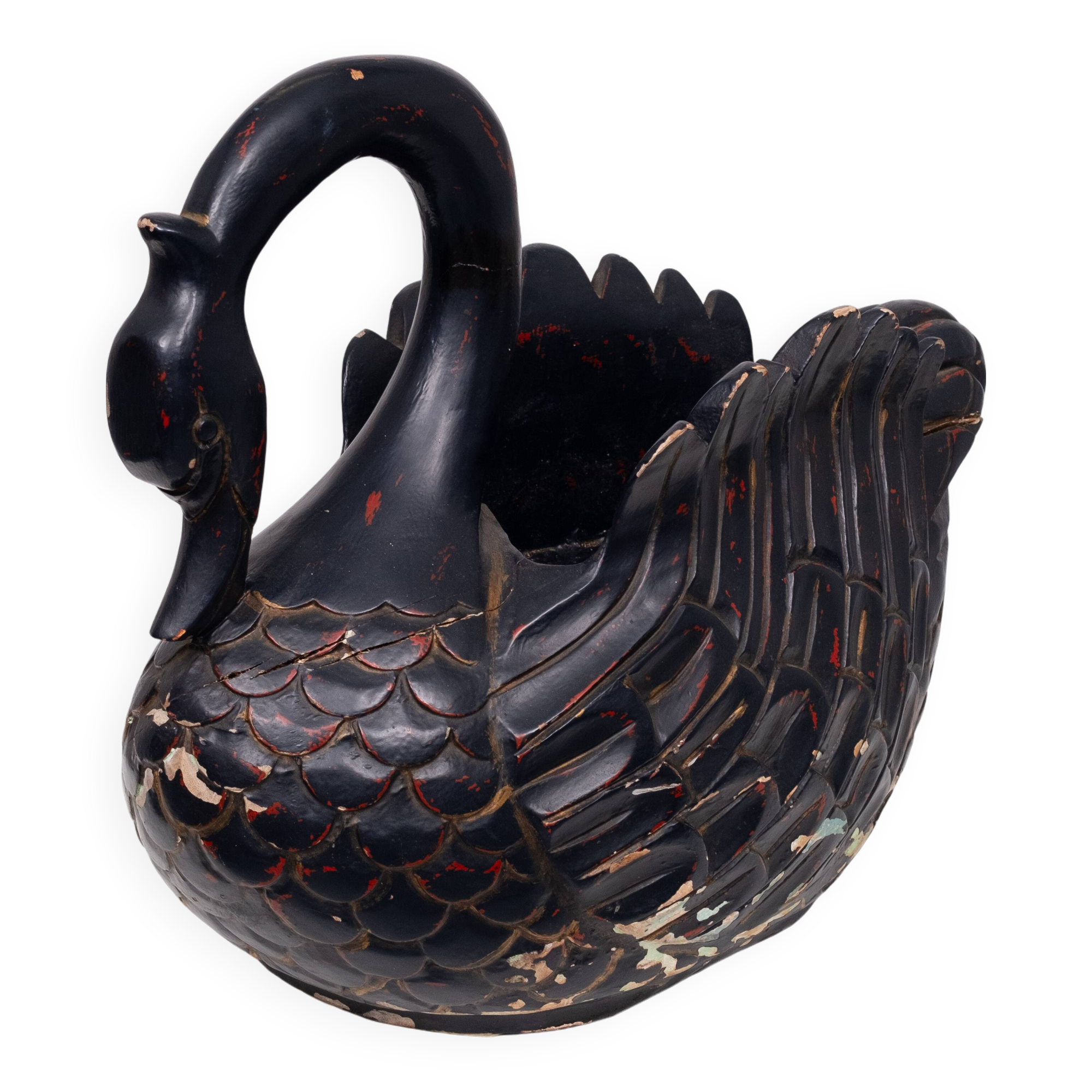 Mid Century Large Black Wooden Swan